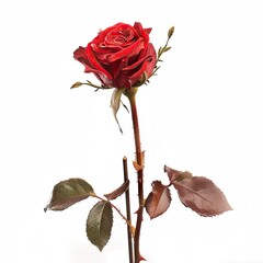 A single red rose with water droplets on its petals, isolated on white