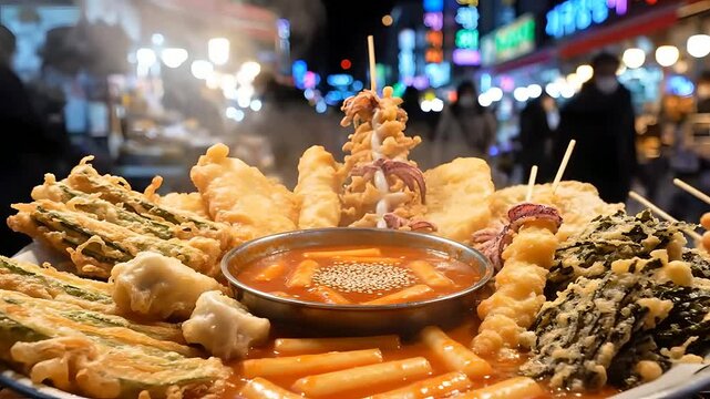 Delicious Korean street food platter at bustling night market in Seoul