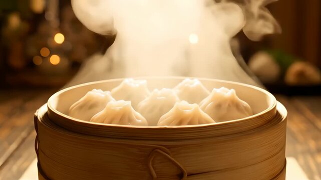 Close-up hand lifting bamboo steamer lid revealing hot dumplings and steam