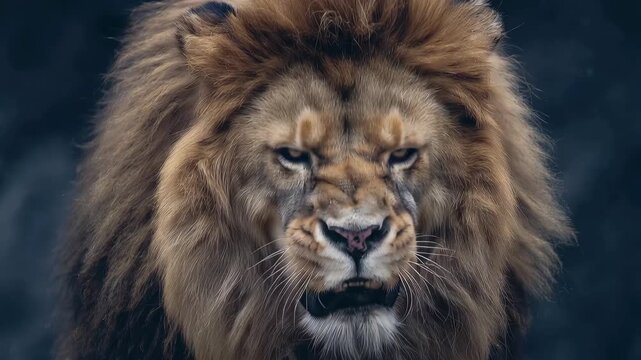 Fierce lion showing teeth in a close-up view in the wild during the day