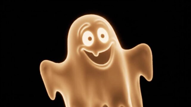 A glowing, cartoonish ghost with big eyes and a friendly smile hovers against a black backdrop