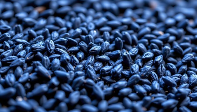 A close up of a large quantity of blue seeds, possibly oats or other grains, densely packed together against a darker background.