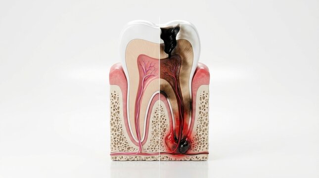 A detailed comparison of a healthy tooth and a tooth with severe decay and inflammation