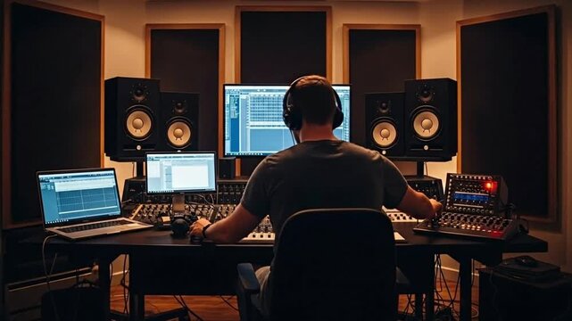 A music producer mixing audio in a modern studio environment.