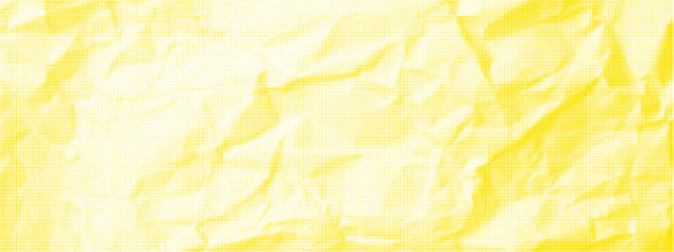 Crinkled paper, duotone acid rave yellow color. Overlay using the collage technique on crumpled paper. A close-up of a piece of yellow backdrop for fruit decoration. Dotted halftone texture. Vector.