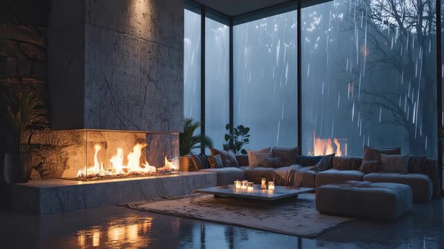 Modern living room with fireplace and large windows during a rainy evening, creating an endless looped atmosphere