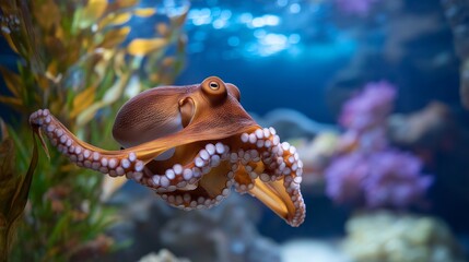 Octopus displaying remarkable color changing ability in a large specialized saltwater aquarium at home, perfect for exotic marine pet lifestyle, octopus care, rare aquatic pet owner, unusual
