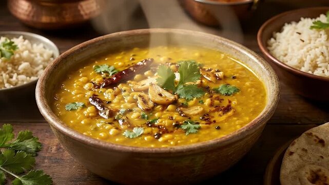 A visually appealing, close-up shot of a steaming bowl filled with a rich, golden-yellow lentil stew, brimming with wholesome ingredients. Garnished with fresh green herbs, aromatic fried garlic slice