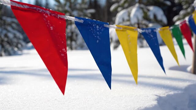 Colorful bunting flags strung outdoors over fresh snow in winter