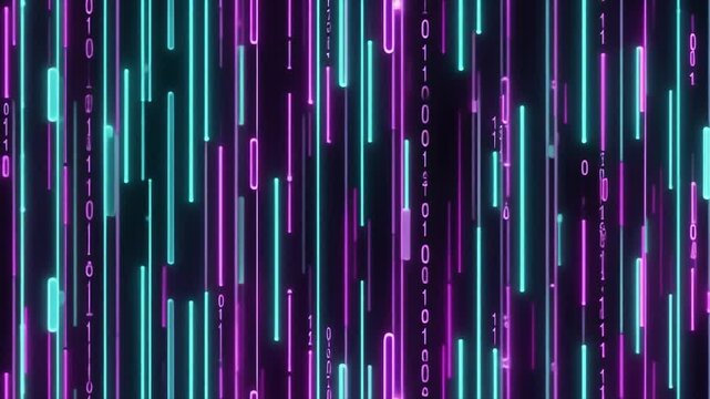 Futuristic looping neon teal violet vertical code rain thick glowing lines flowing digital stream seamless surreal ambience cascading softly abstract cinematic loop