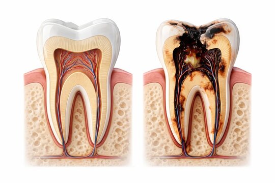 Anatomical cross section comparison of healthy human molar tooth versus decayed cavity pulp
