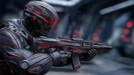 Obraz premium Cyberpunk warrior aiming futuristic weapon, high-tech dystopian setting, science fiction combat, advanced warfare visualization, with copy space