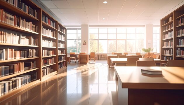 Sunlit library interior with abundant bookshelves and study tables