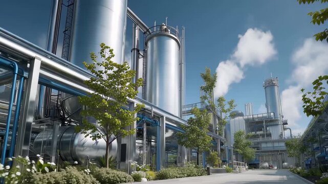 Modern hydrogen production facility with tall tanks and industrial equipment under clear sky