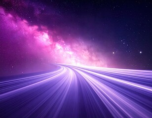 Abstract, futuristic digital art piece. Light streaks lead to a nebula with cosmic hues against the dark