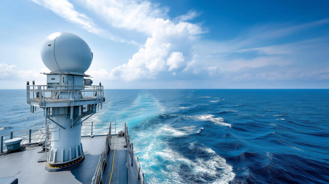 Military radar air surveillance on navy ship tower, maritime defense monitoring, naval vessel technology, ocean-based detection system, with copy space