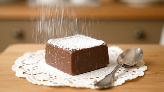 Powdered sugar being dusted over a square chocolate cake