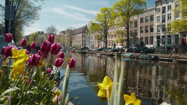 A slow movement past purple tulips on the banks of the Singel canal, with classic Amsterdam houses visible in the background on a sunny day part 1