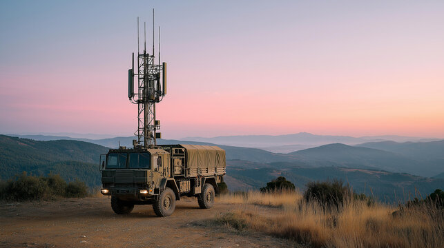 Electronic warfare jammer system engaged military vehicle, dusk operations communication disruption, tactical countermeasure deployment, defense technology activation, with copy space