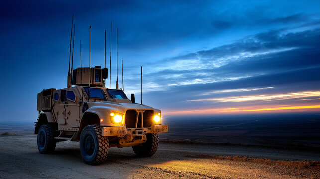 Electronic warfare jammer system engaged military vehicle, dusk operations communication disruption, tactical countermeasure deployment, defense technology activation, with copy space
