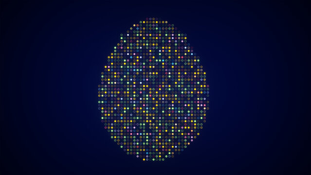 Abstract easter egg shape made of blinking colorful dots on a dark blue background