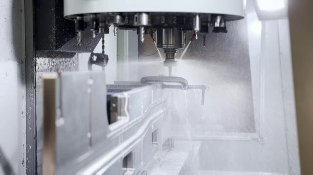 Close Up Shot Of A CNC Machine Precision Milling An Aluminum Plate During Manufacturing Process.
