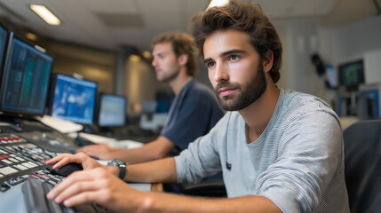 Fototapeta premium Electronic warfare training technical specialists operating sophisticated jamming equipment, signal intelligence systems shielded facility, advanced EW training center, with copy space