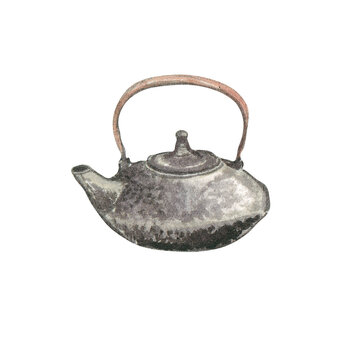 Hand-painted watercolor illustration of a traditional Japanese cast iron teapot. Vintage tetsubin with textured surface and curved handle isolated on dark background, ideal for Asian culture, tea cere