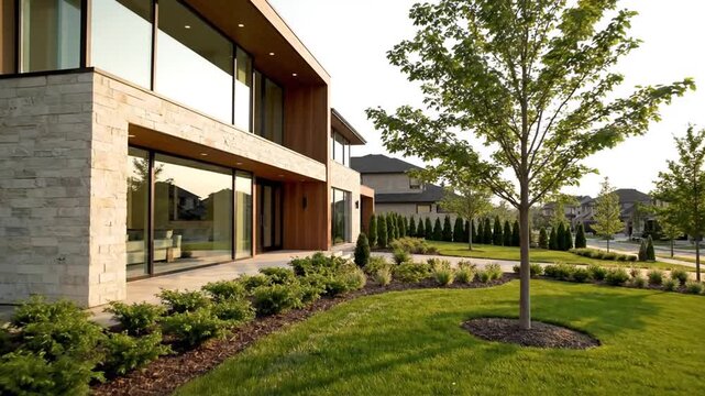 Modern Luxury Home Exterior with Lush Landscaping in Upscale Neighborhood
