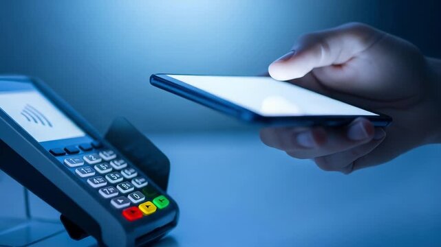 Smartphone used for contactless payment on a credit card terminal set against a soft blue background for financial marketing.