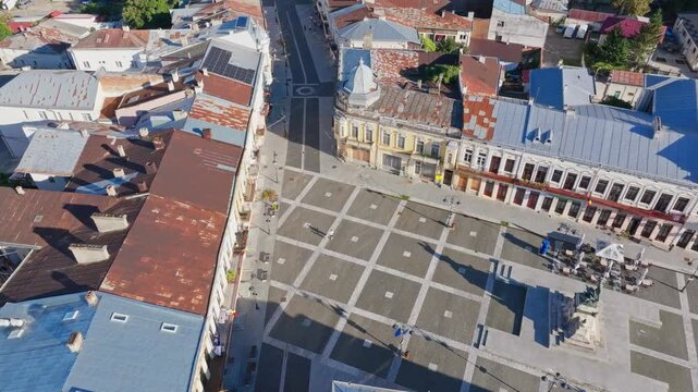 Detailed aerial forward shot of historic architectural ornaments in the old town. Botoșani, Rom&acirc;nia