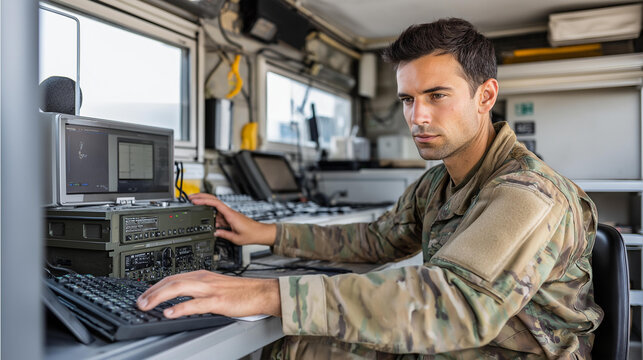 Medium shot of soldier operating counter-UAV radar, control console inside command post, over-shoulder perspective anti-drone technology, tactical defense operation, with copy space