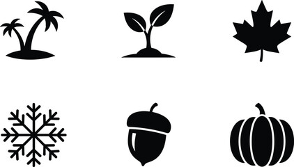 Seasonal nature icons set featuring palm trees sprout maple leaf snowflake acorn pumpkin silhouette vector illustration collection isolated black symbols © Nilufa Creative