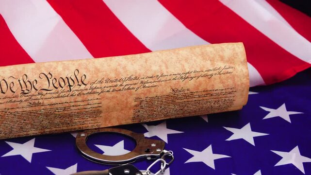 Symbolic image of handcuffs restraining the US Constitution against the backdrop of the USA flag representing the tension between freedom rights justice and the rule of American law