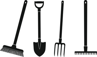 Black gardening tools set with broom shovel pitchfork and rake, agriculture and yard equipment vector illustration isolated © Nilufa Creative