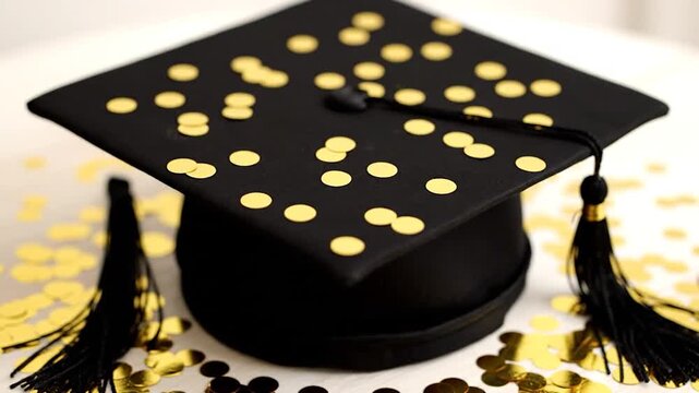 A graduation cap with a tassel and gold confetti