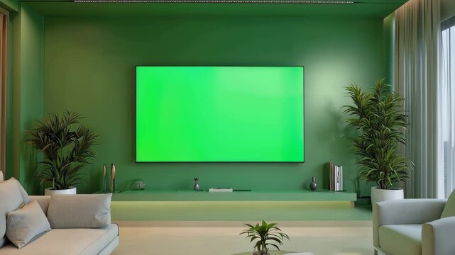 Modern living room with a green screen TV and simple furniture setup