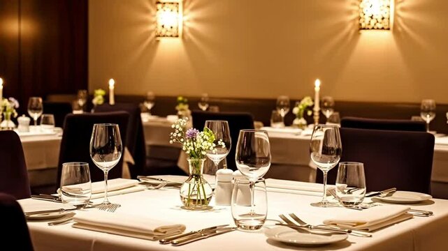 Elegant restaurant table setup with candles and floral decor.