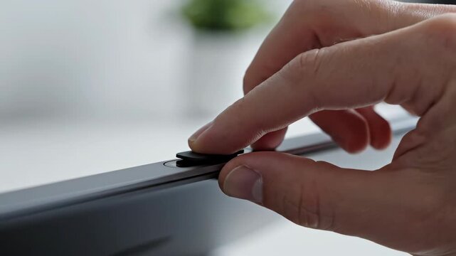 Close-up of hand pressing power button on modern computer monitor, showcasing button detail and sleek design in a minimalistic workspace setting