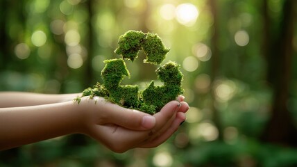 苔でできたリサイクルマークを手で包み込む様子。環境保護やエコ活動のイメージ素材。