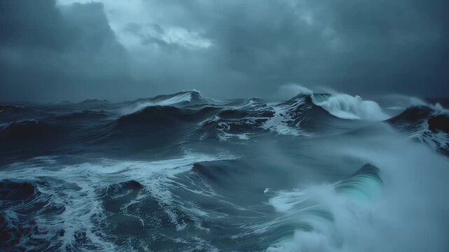Restless sea waves move under a dark sky with many clouds during a stormy evening