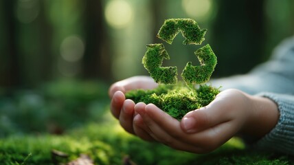 手のひらにのせた苔のリサイクルマーク。環境保護やエコのイメージ素材。