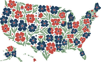 United States Map Filled With Red and Blue Floral Pattern Patriotic Illustration