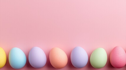 パステルカラーの卵が並んでいる風景。イースターや春の装飾に適した背景素材。