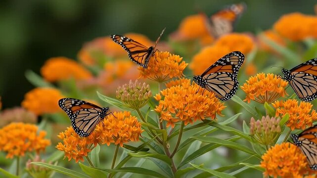 Monarch butterflies gracefully fluttering over vibrant orange flowers in a lush garden setting