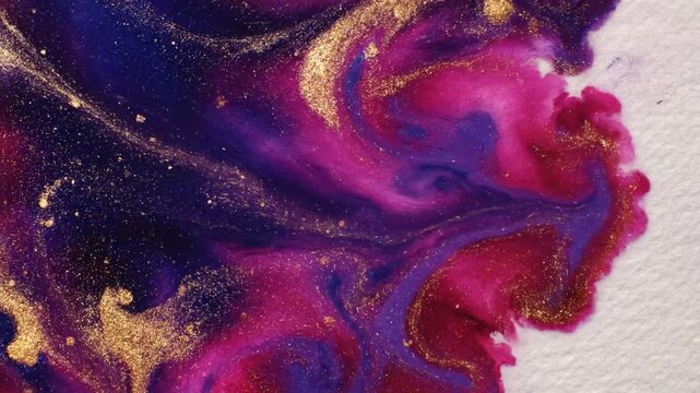 Abstract fluid art with gold, purple, pink on textured paper