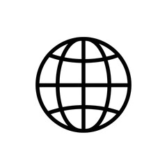 A minimalist line drawing of a globe with grid lines and a central axis