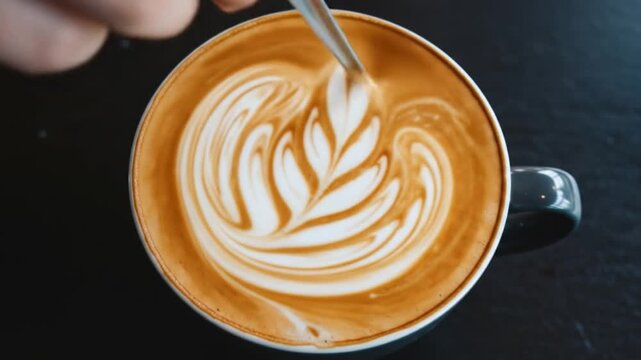 Coffee art creation latte with detailed leaf design a hand holds a tool dark table backdrop
