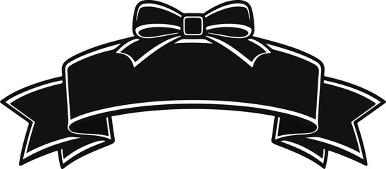 Black Ribbon Banner with Bow Flat Vector Illustration