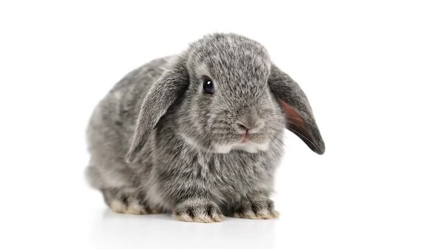 A gray Lop rabbit sits on a white surface, ears flopped down, focused gaze